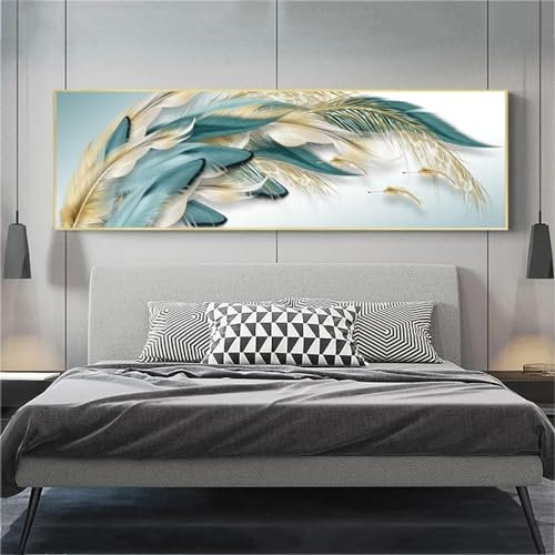 NXMYDBD Modernes Luxus-Poster mit goldenen Federn, abstrakte Malerei auf Leinwand, nordische Poster, Wandkunst für Wohnzimmer, Heimdekoration, 60x180cm (24x71 Zoll), ungerahmt