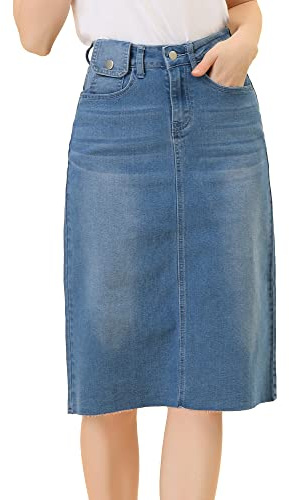 Allegra K Damen Hohe Taille Denim Rock Taschen Knielang Jeansrock Midirock Azurblau 3XL