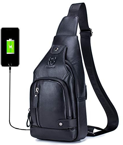 BULLCAPTAIN Ryggsäck i äkta läder med USB-laddningsport flera fickor bröstväska vandring resor dagväska XB-129, Magisk svart, Medium