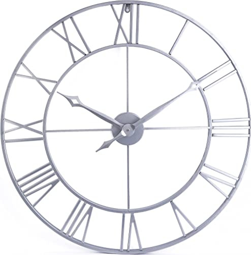 Samilito Große Wanduhr im Vintage-Stil, rund, geräuschlos, Silber. Gratis dazu EIN Extraset Uhrzeiger in Schwarz. Die Metalluhr für Loft, Wohnzimmer, Schlafzimmer und Küchendekoration (Silber, 76 cm)