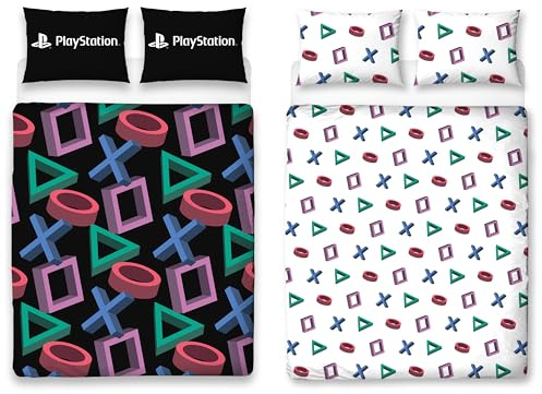 PlayStation Juego de Funda de edredón Doble Oficial Ropa de Cama Reversible de 2 Caras con diseño Abstracto Que Incluye Fundas de Almohada a Juego | Juego de Cama Doble Negro Gaming