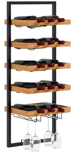 HOMCOM Weinregal Wand Flaschenregal für 15 Flaschen mit 5 Ebenen, Glashaltern Flaschenhalter für Küche, Bar, Esszimmer, Holz Braun