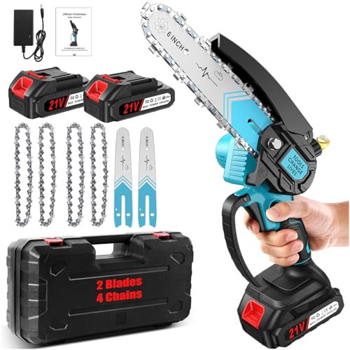 Mini Chainsaw with 6 Inch 4000 mAh Battery (2 Batteries), One-Handed Cordless Portable Electric Chainsaw Equipped, 4 Chains for Cutting Wood, Branches, Garden Pruning