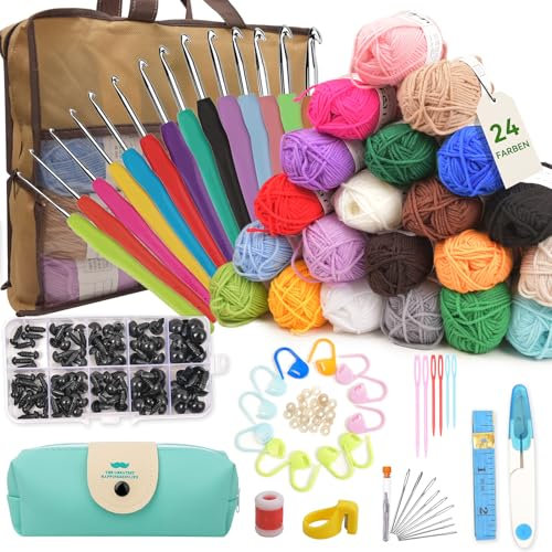 AYIYUN 169 Stück Häkelset für Anfänger–Ergonomische Häkelnadeln Set(2,0-10 mm),24 Farben Häkelgarn,Sicherheitsaugen für Häkeltiere,Strickzubehör & Aufbewahrungstasche – Komplettes Häkelnadel Set
