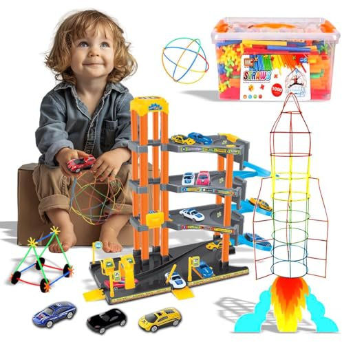 Xwin Sportseries Kids 4-Storey Parking Garage Playset with Lift, Spiral Ramps, Fuel Station with Multi Cars Playset and1000-Piece STEM Building Construction Straws and Connectors Toys Ages 3+