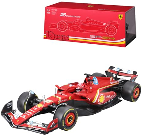 Bburago Formel 1 Ferrari SF-24 Imola-Version Deluxe Edition (2024): Modellauto im Maßstab 1:18, von Fahrer #16 Charles Leclerc, Hardcase, 35,9 cm, rot (18-16821)