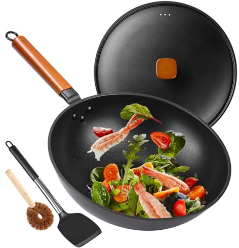 Padella wok in acciaio al carbonio – wok da 32,8 cm e padelle antiaderenti con spatola: wok a fondo piatto per stufe elettriche, a induzione e a gas