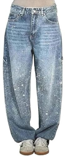 RYVETTE Lässige Harems-Jeans Für Damen, Strass Hohe Taille Lockere Passform Weite Beine Gerades Bein Jeans, Glitzernd Farbverlauf Diamant Pailletten Denim Hose Für Damen Freizeit Baggy-Hose(04#,S)