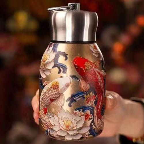 Stylish & Portable Insulated Water Bottle, Keep Drinks Hot or Cold, Hot Cold 24h, Peacock Floral Tea Pot, Stainless Steel Thermal Coffee Thermo, Vintage Flower Pattern Water Bottle (Goldfish)