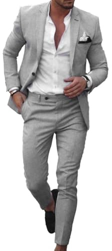 Dbutiy Conjunto de 2 piezas de lino para hombre, traje de novio para verano, playa, boda, traje de novio para hombre, chaqueta y pantalones de esmoquin
