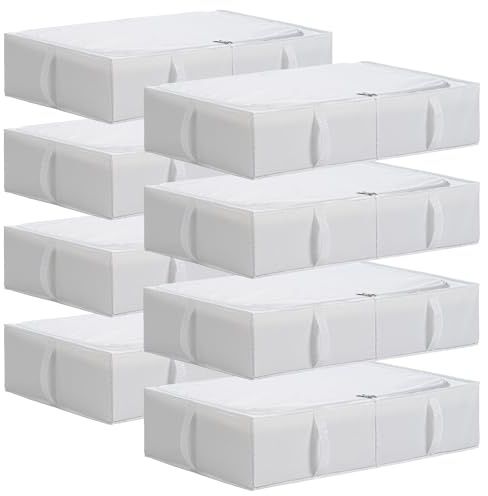 TYEERS Förvaringslåda för undersäng, med lock, slitstarkt tyg, tvättbar, vikbar, lådförvaring för kläder, filtar, sängkläder, skor, 70 x 42 x 18 cm, 8-pack, vit