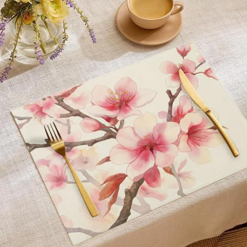 Tovagliette con Stampa Fiore Di Pesco Astratto Set di 4 Tappetini da Tavolo, 45 x 30 cm Tovagliette Americane Cotone e Lino Tappetino Rami Rettangolari per Partito Cucina Pranzo