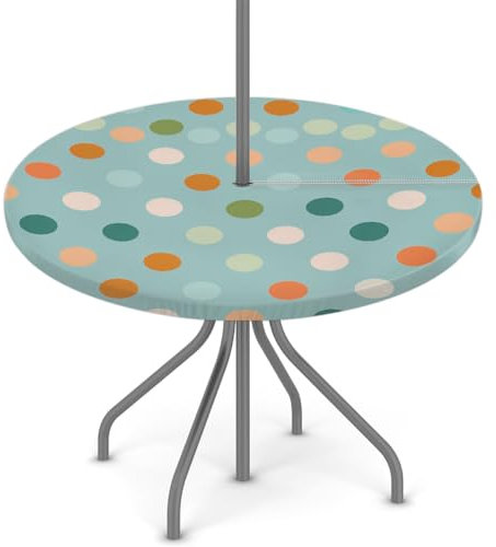 Woltant Tovaglia rotonda con foro per ombrellone e cerniera, facile da pulire, con bordi elastici, protezione per tavolo da giardino, patio, barbecue (pois blu)