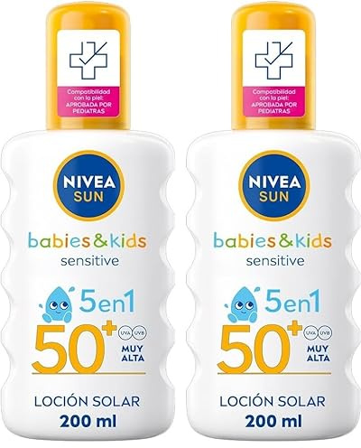 NIVEA SUN Babies & Kids Sensitive Spray Solar FP50+ (1 x 200 ml), protector solar para niños, protección solar muy alta, crema solar para bebés para reducir el riesgo de alergias solares