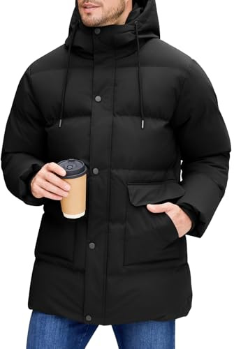 Xnova Abrigo Largo de Invierno para Hombre, Chaqueta Acolchada con Capucha Térmica Resistente Cálido Casual Parka Cazadora Prueba de Viento con Bolsillos (Negro, L)