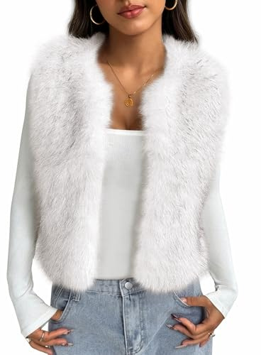 BTFBM Faux Fur Vest Women Fall Fashion 2026 Sleeveless Fuzzy Jacket Fluffy Coats Winter Clothing Furry Outerwear Vests(White, Medium)