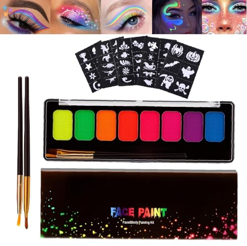 UV Glow Face And Paint Palette With 8 Fluorescent Colours - Festival Makeup Kit Includes 2 Brushes And 44 Reusable Stencils For Halloween Parties And Creative Expression
