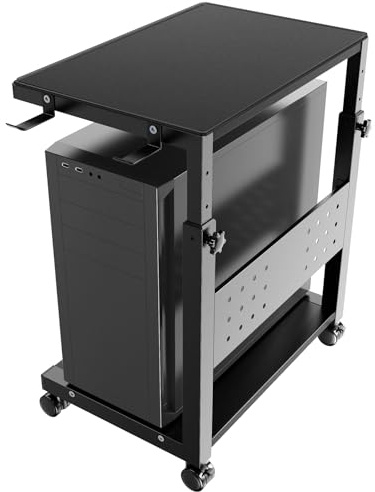 PUTORSEN Carrello per computer a torre – Carrello CPU a 2 livelli con 4 rotelle, supporto a rotelle con pannello forato e 2 ganci, altezza regolabile da 51,9 cm a 76,8 cm, per ufficio, casa e gaming