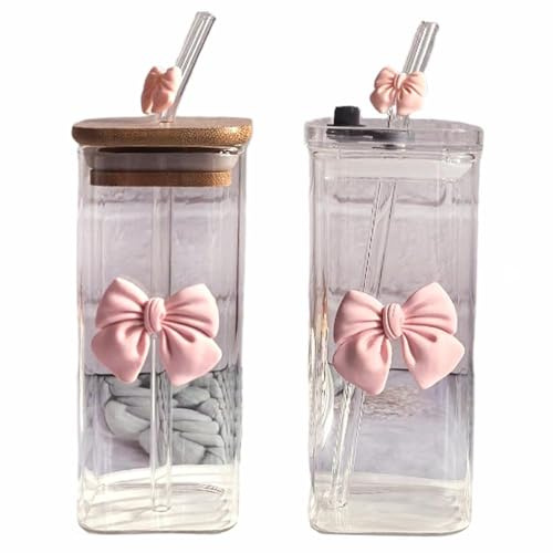 Bow Aesthetic Cup - Taza de cristal con lazo, bonitas tazas de vidrio con tapas y popotes, vaso de café con lazo B para niñas