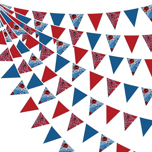 32Ft Red Blue Spider Web Bunting Banner Spider Theme Party Decorations Fabric Pennant Triangle Flag Garland for Kids Boys Cartoon Super Heros Movie Superhero Birthday Baby Shower Outdoor Garden Decor