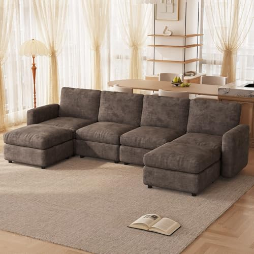 Miuuod 297 cm breites U/L-förmiges 6-Sitzer-Sofa, 4 Sitze mit 2 Aufbewahrungshocker, Moderne Wohnlandschaft mit Massivholzrahmen, modulares Sofalandschaft mit tiefer Sitzfläche