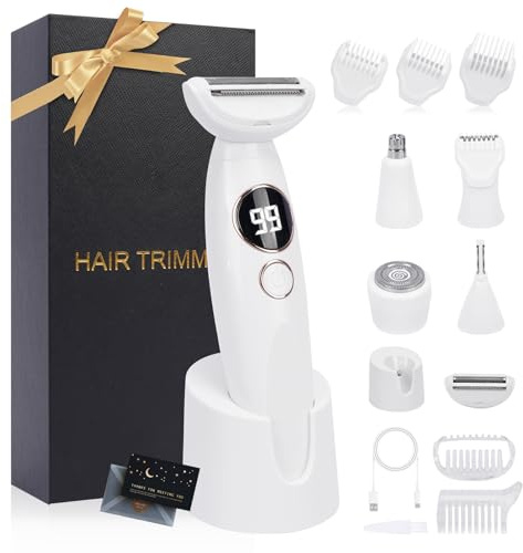 TAVADA Rasoir Electrique Femme,5 en 1 Tondeuse Femme Intime,Tondeuse Maillot Femme avec Écran LED & USB-RechargeStation,pour Le Corps,Les Aisselles,Le Bikini,Les Sourcils et Le Nez-Blanc,Electric