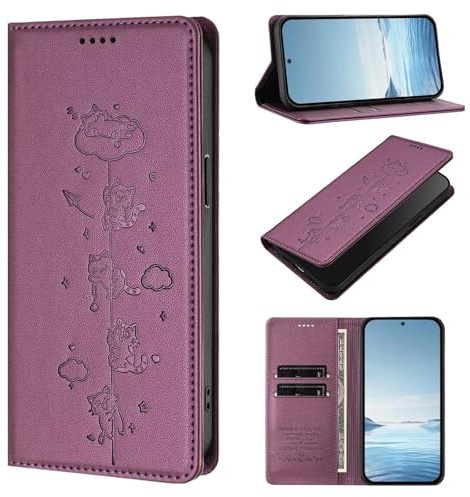 Funda para Motorola Moto E13 2023 4G, piel sintética a prueba de golpes, diseño de gato en relieve, funda protectora magnética para Motorola Moto E13 2023 4G, color morado