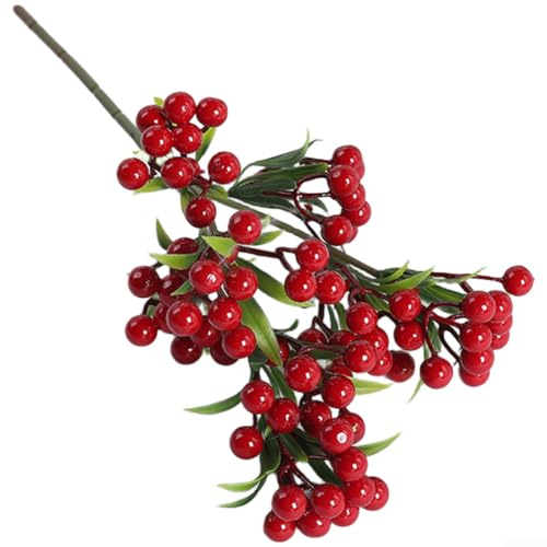 Stelo di bacche artificiali, decorazione floreale di agrifoglio finto e ramo spray di frutta mista per vasi da portico, fioriere da balcone e vasi da interni (rosso brillante)