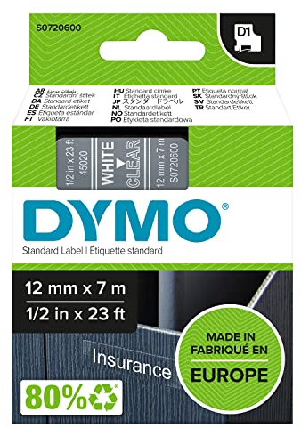 DYMO Original D1-Etikettenband | weiß auf transparent | 12 mm x 7 m | selbstklebendes Schriftband | für LabelManager-Beschriftungsgerät