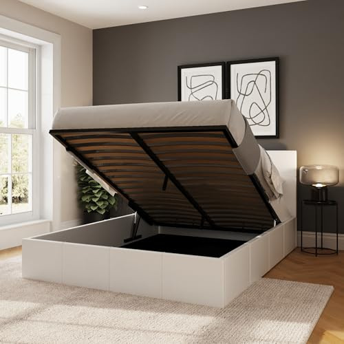 GFW End Lift Small Double White Upholstered Fabric Ottoman Bed Frame, Storage Bed with Hydraulic Lift and Stitched Headboard | GRADED
