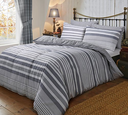 Sleepdown Flannel Stripe Grey Reversible Soft Duvet Cover Quilt Bedding Set With Pillowcases - Super King (220cm x 260cm)