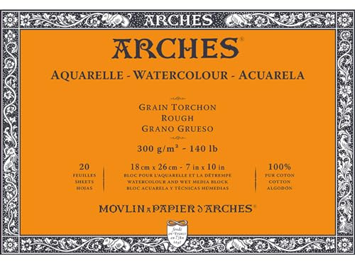 Arches - Aquarellpapierblock, 17,8 x 25,4 cm, 20 Blatt, 300 g/m², rau, säurefrei, weiß.