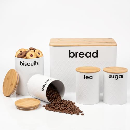 Crystals 5pc Kitchen Storage Set with Airtight Bamboo Lids – Labelled Tea, Coffee & Sugar Containers with Matching Bread Bin & Biscuit Barrel, Stylish Kitchen Canisters, Countertop Storage Set (White)