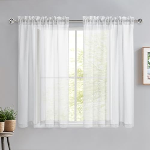 DWCN White Net Curtains for Windows 54 Drop, Rod Pocket Voile Curtain Bedroom Sheer Curtains Semi-Transparent Light Filtering Curtains for Bedroom Kitchen Living Room Nursery, W46xL54 Inch, 2 Panels