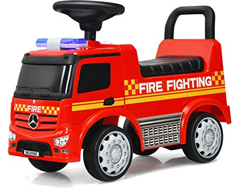 COSTWAY Mercedes Benz Porteur Enfants 12-36 Mois | Véhicule à Pousser avec Sonore et Lumière et Klaxon, Espace de Rangement, Forme Camion de Pompiers, Charge 25KG, 62x29x43cm
