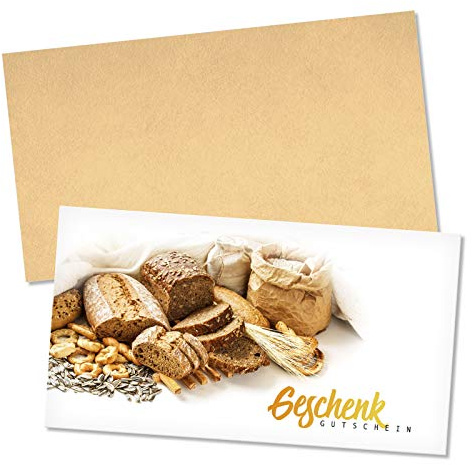 GESCHENKGUTSCHEINcom by POS-HAUER. Gutschein-Set. 50x Gutschein + Kuvert. Für Bäckerei Konditorei Firmen Gewerbe, zum Selbstausfüllen.
