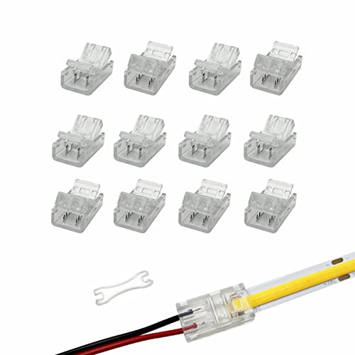 HAMRVL 8mm Cob Led Strip Light Connectors 2 Pin,Led Strip to Wire Transparent Clips Solderless Adapter Terminal Extension Connection for White/Warm Led Tape 12V 24V (Total 12pcs) (A)