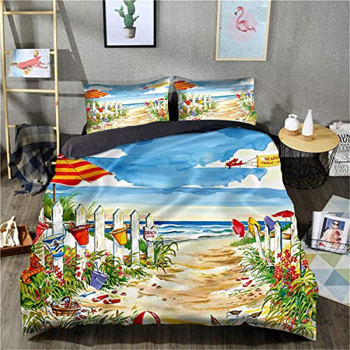 FEIGENBAOMU 3D-gedruckte Bettwäsche Bettbezug Ölgemälde Strand Bettbezug-Set 3-teilige Bettbezüge für Teenager und Erwachsene (Doppelgröße 200 x 200 cm, 1 Bettbezug + 2 Kissenbezüge)