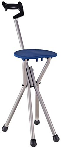 SEVEEZ Klappbarer Gehstock Mit Sitz, 4 Beine Krückenhocker Multifunktional Leichtes Gewicht Aluminium Gehhilfe Maximale Belastung 150kg (Color : Blue)