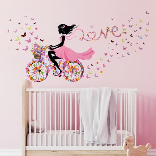 Tanlaby Mädchen Fahrrad Wandtattoo Blumen Fee Wandsticker Schmetterling Mädchen Wandaufkleberr für Mädchen Babyzimmer Wohnzimmer Schlafzimmer Kinderzimmer Hause Wanddekoration