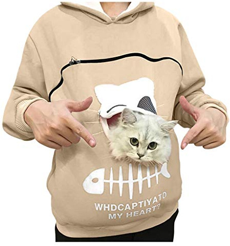 Damen Pullover Kapuzenpullover mit Katzen Hund Tasche Hundetasche Katze Sweatshirt Pulli Hoodie Kapuze Katzenpulli Beutel Langarm Winter