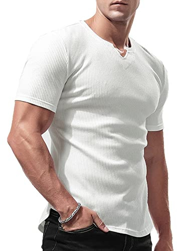 Lehmanlin Hombres Ajustado Manga Corta Camiseta Casual Cuello Pico Camisetas Poliéster y Elastano Blanco S