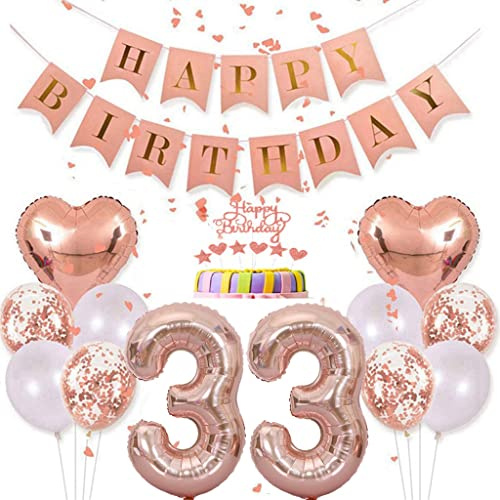 Conruich Deko 33. Geburtstag Frau, Rosegold Tortendeko Geburtstag 33 Jahre Mann, Geburtstagsdeko 33 Jahre, Rosegold Ballon 33 Geburtstags Mädchen, Happy Birthday Banner Deko 33 Geburtstags Frauen