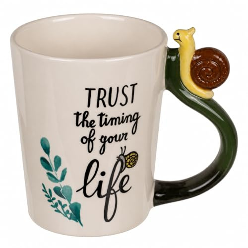 MIJOMA Henkelbecher mit 3D-Motivgriff Schnecke – handbemalter Steingutbecher für Kaffee, Tee und Kakao, 300 ml