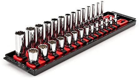 TEKTON 1/10.2 cm Antrieb 12-kant Steckschlüsselsatz mit Schienen und Ablage, 28-teilig (4-15 mm) | SHD90214 | (4 - 15 mm), flach und tief, Steckdosenschiene