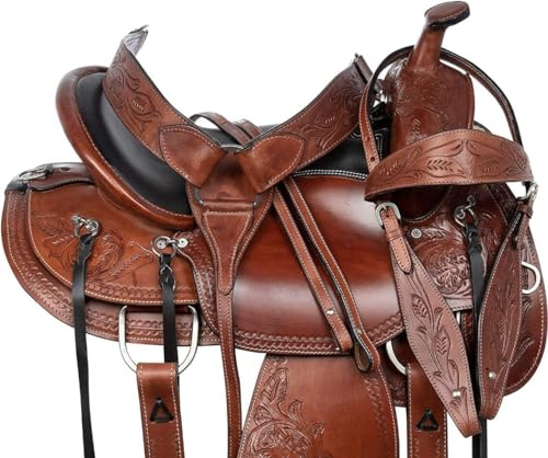 Western Horse - Sillín de cuero Pleasure Trail Endurance marrón con falda redonda para montar de 25.4 cm a 45.7 cm ME-WLS-108 (43.2 cm)