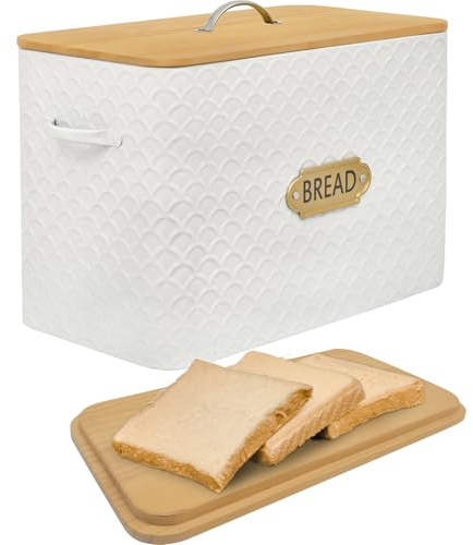 EMAX HOME Extra Large Space Saving Farmhouse Bread Box With Wood Lid - Holds 2 Loaves - Vertical Breadbox Bread Storage Bin Holder for Kitchen Countertop, White