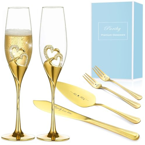 Parihy Wedding cake cutting set, Gold Wedding Champagne Fluteswith Twin Heart Base and Rhinestone Detailing, Toasting Glasses for Couple Bride and Groom, Cake Cutting Set of 6