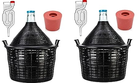 2x 10L Gärbehälter Set mit Gärröhrchen und Gummistopfen - Weinballon im Schutzkorb - Hergestellt in der EU - Lebensmittelechtes Glas für Wein, Bier i Met - Großer Gärbehälter zur Fermentation