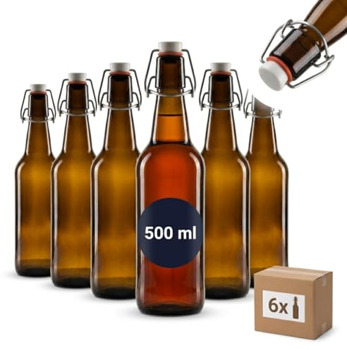 gouveo 6er Set Glasflasche 500 ml Antik (0,5 l) mit Bügelverschluss – Drahtbügelverschluss mit Dichtung – Bügelflasche aus Klarglas mit Antik-Prägung für Likör, Saft, Öl – Spülmaschinengeeignet